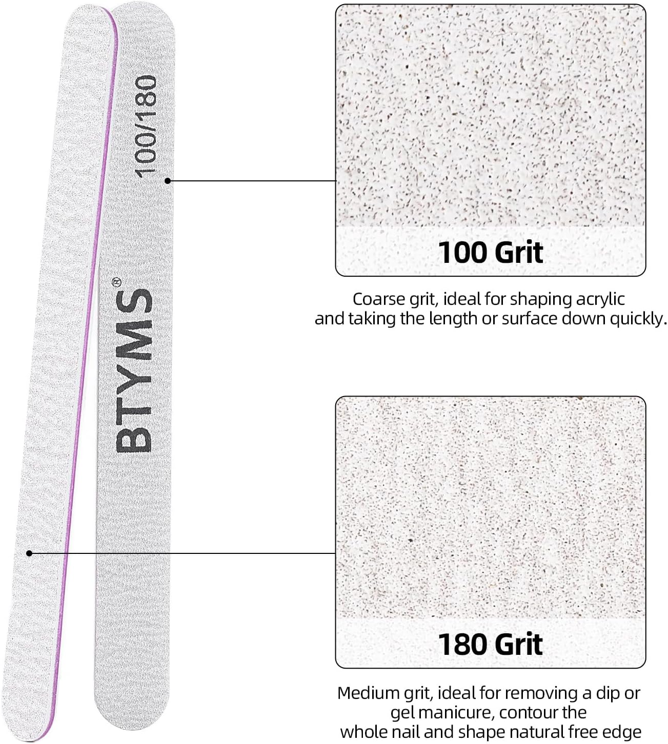 BTYMS 30Pcs 100/180 Grit Nail Files for Acrylic and Natural Nails，Double Sided Emery Board Nail Buffering Files