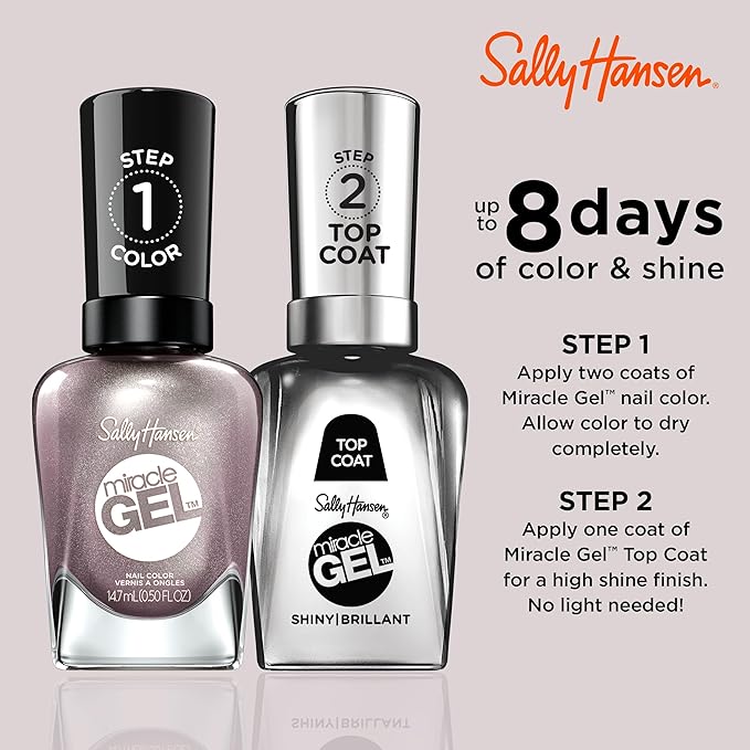 Sally Hansen Miracle Gel Salon Quality Nail Polish | Gel-Like Formula, Two-Step System, No UV Light Needed, Long Lasting | Opaque, Shimmery | 204 Adrenaline Crush | Metallic Plum Brown Nail Polish