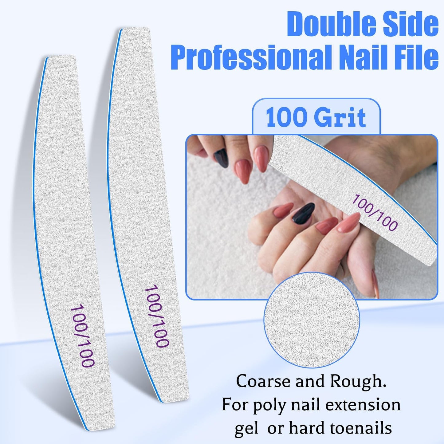 12 PCS Nail Files for Acrylic Nails, 100/100 Grit Nail File for Poly Nail Extension Gel Emery Boards Nail Files Doubled Sides Coarse Washable Nail File Manicure Tools for Home and Salon Use