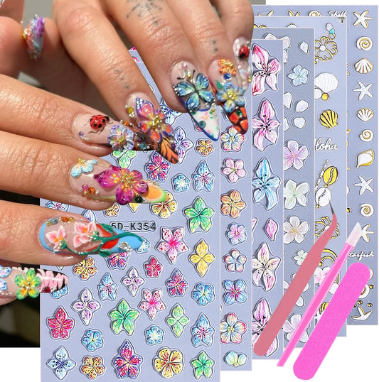 Flower Stickers for Nails Art 6 PCS 5D Hibiscus Nail Decals with 3pcs Tweezers Manicure Tools Colorful Lily Flowers Designs Self-Adhesive Hawaiian Floral Engraved Nail Art Decoration for Women Girls