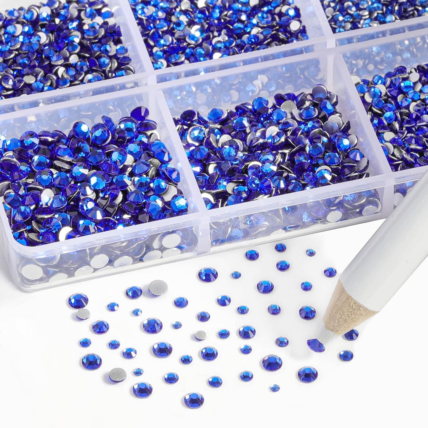 Beadsland 7200pcs Flatback Rhinestones,Royal Blue Rhinestone Nail Gems Round Crystal Rhinestones for Crafts,Mixed 6 Sizes with Wax Pencil Kit, SS3-SS10,Sapphire