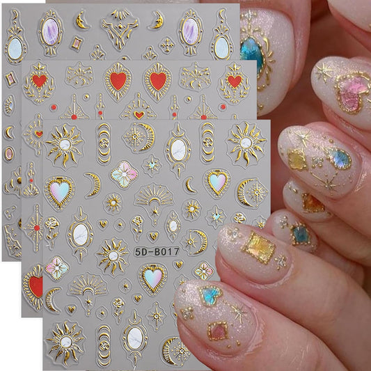 3 Sheets Bohemian Style Nail Stickers 5D Embossed Star Nail Art Stickers Self-Adhesive Heart Moon Sun Nail Decals Bohemia Metallic Nail Designs Accessories Stars Nail Decoration for Women Girls DIY