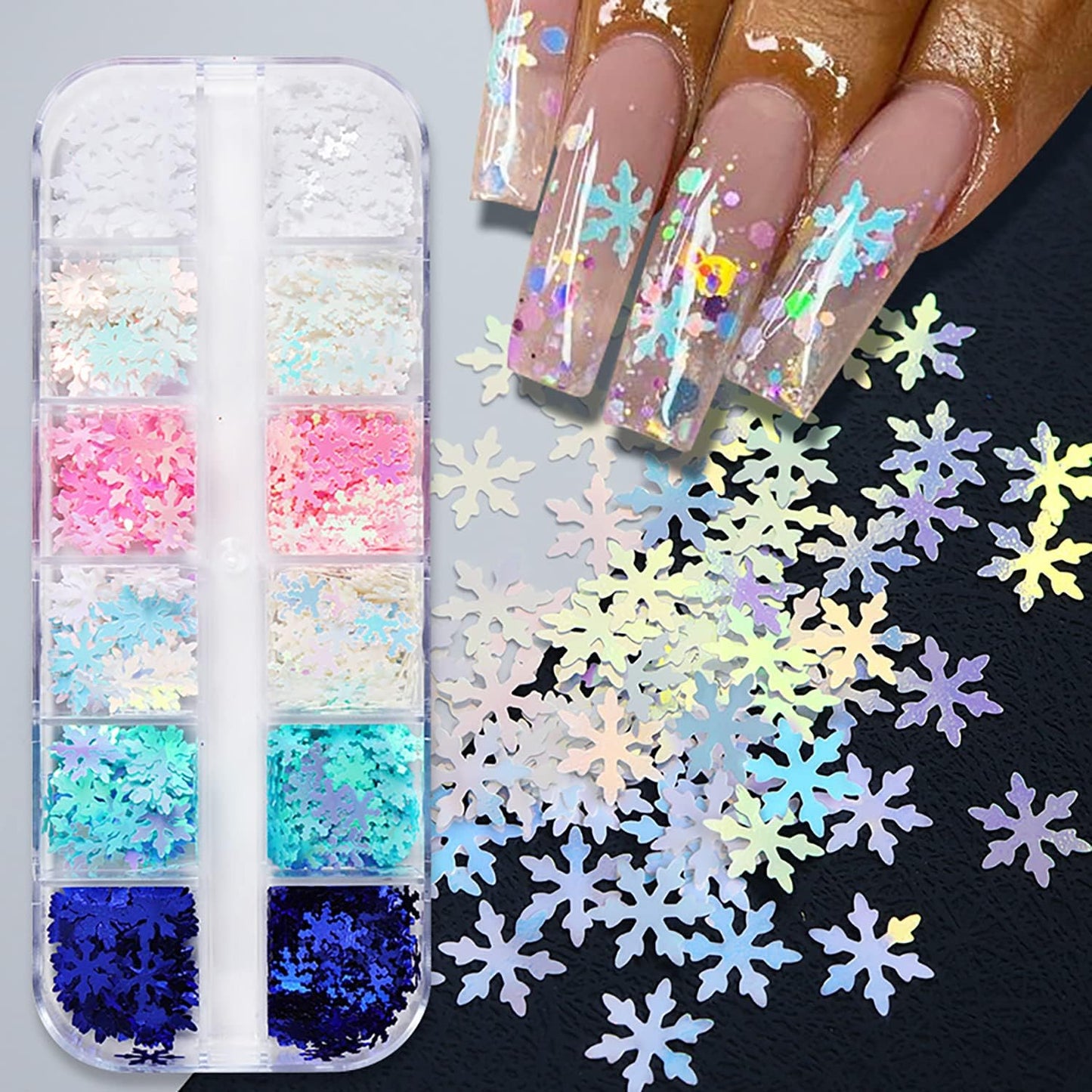 12 Grids 3D Snowflake Nail Art Stickers - Holographic Laser Decals for Christmas Nails - Xmas White Sequins for Nail Decoration - Winter Snow Flakes