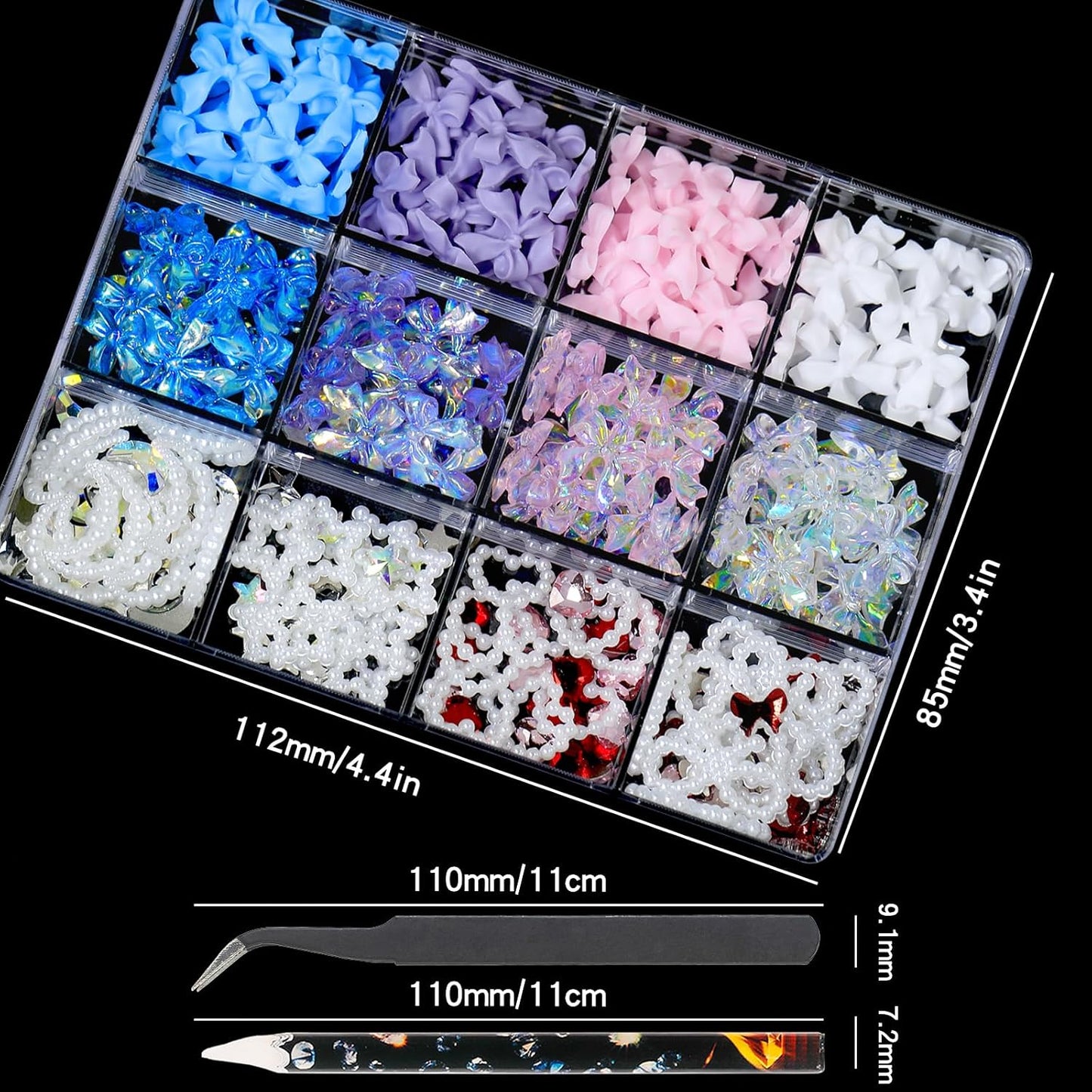 HNUIX - Bows Nail Charms, Multi Shaped, Colored 3D Bows, White Star Heart Moon Cute Nail Gems, Pearls & Rhinestones, Includes Tweezer & Pickup Tool