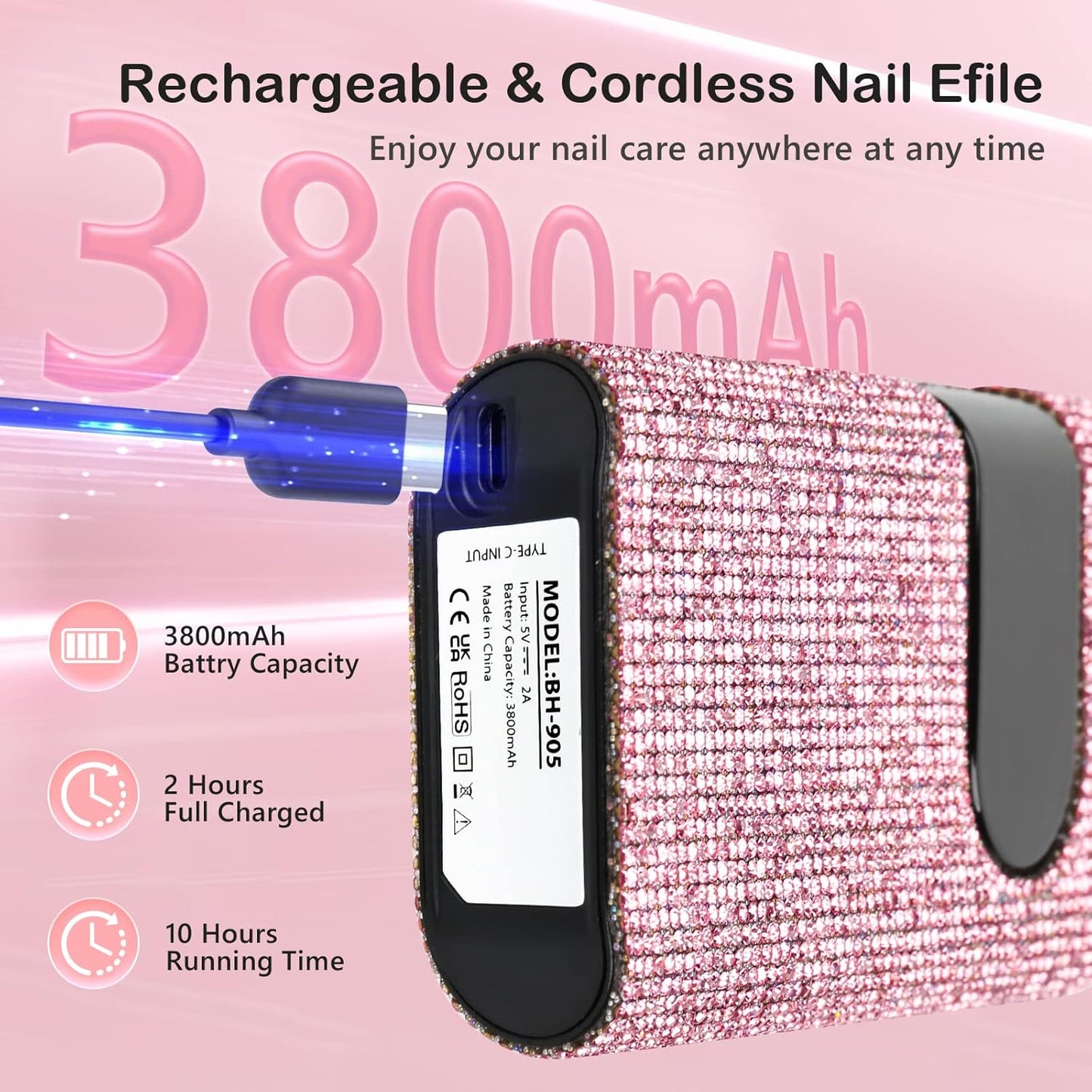 Professional Nail Drill Machine, Lavinda 35000RPM Electric Nail File for Acrylic Gel Nails, Cordless Portable Nail Drill Kit with Coreless Motor, Manicure Pedicure Shape Tools (Diamond, Pink)