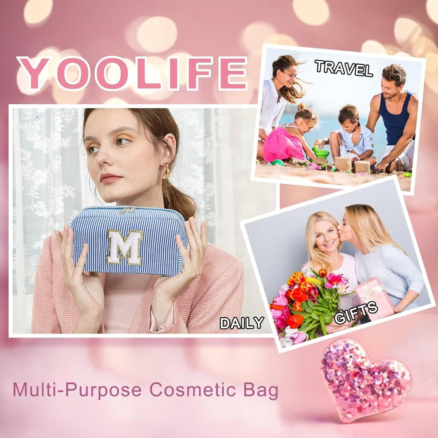 YOOLIFE Initial Cosmetic Bag for Women - Monogram Cute Initial Blue Makeup Bags Toiletry Pouch Make Up Case for Women Her Best Friend Friendship Sister Teacher, Personalized Birthday Gifts for Women O