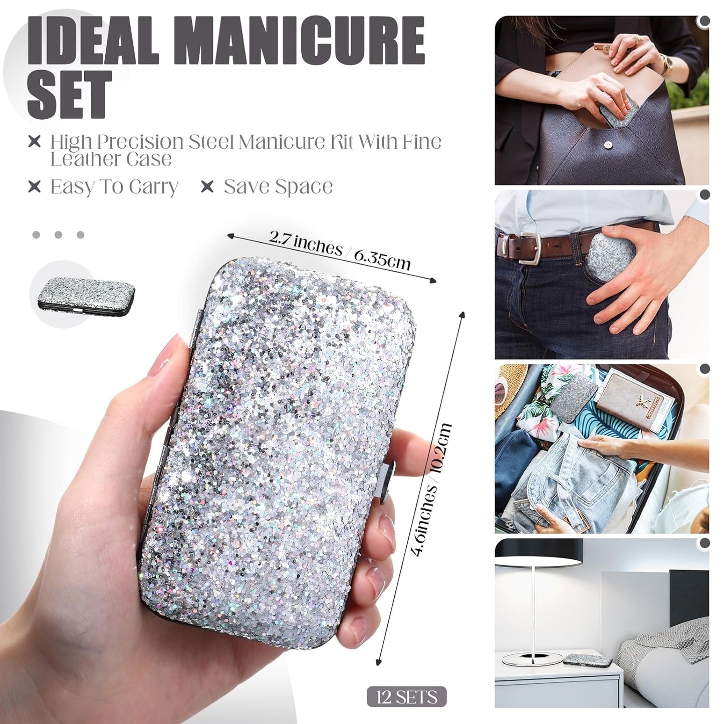 Geosar 12 Set 8 in 1 Manicure Set Stainless Steel Nail Clippers Kit Pedicure Care Tools with Leather Case Travel Grooming Kit Gift for Women Men(Glitter Silver)