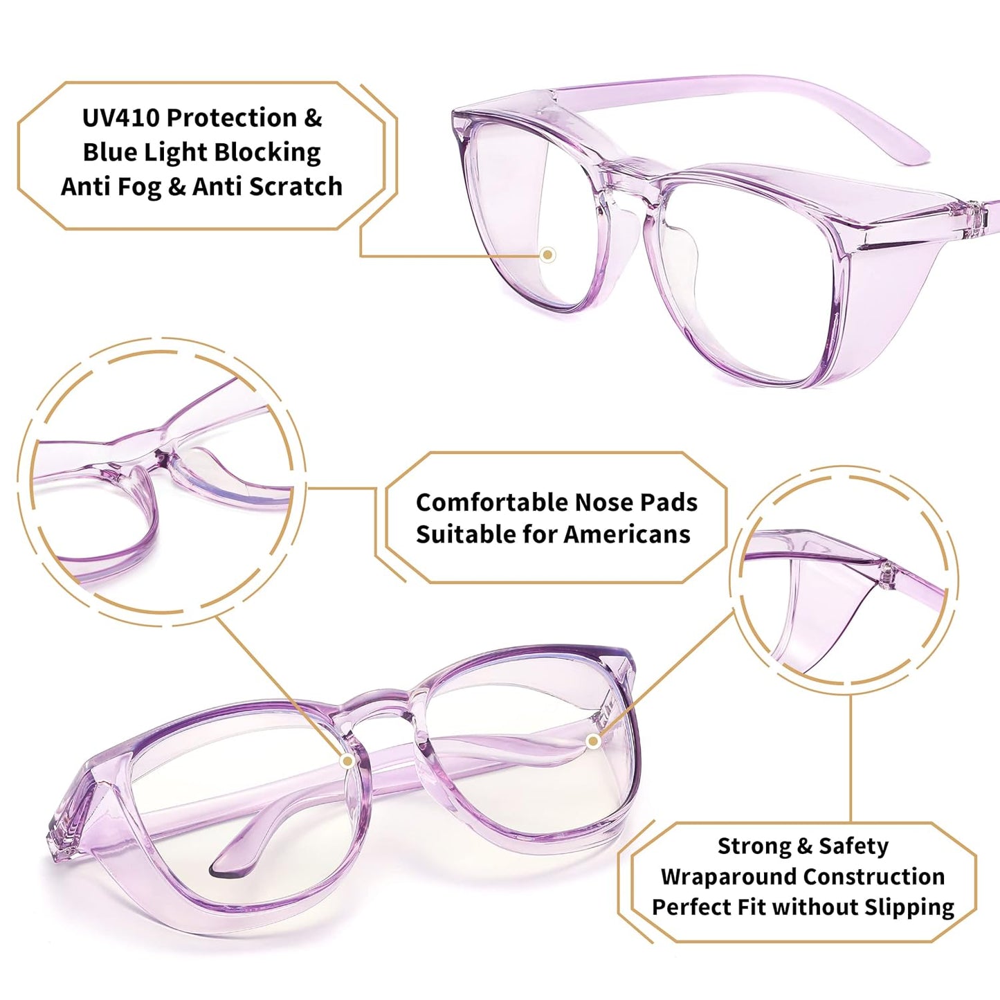 Alsenor Safety Glasses Anti Fog Goggles Protective Eyewear Blue Light Blocking Anti Dust UV Protection Glasses For Men Women (2 Pack (Sky-Blue + Lilac))