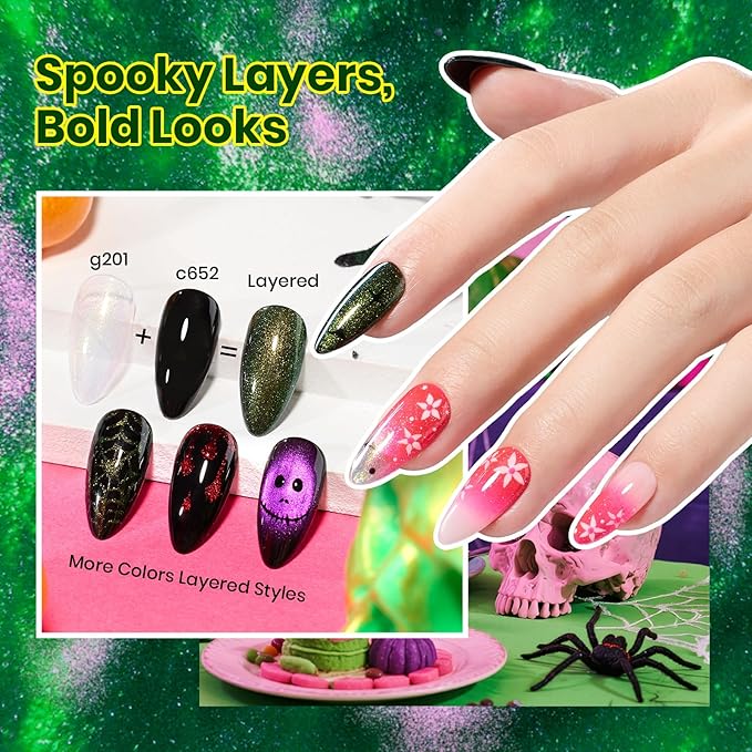 Beetles Halloween Gel Nail Polish Set – Wicked Mystic 8 Colors Gel Polish Kit, Gold Silver Black Green Blue Cat Eye Purple Red Glitter with Nail Art Accessories UV LED Soak Off Manicure Gift for Women