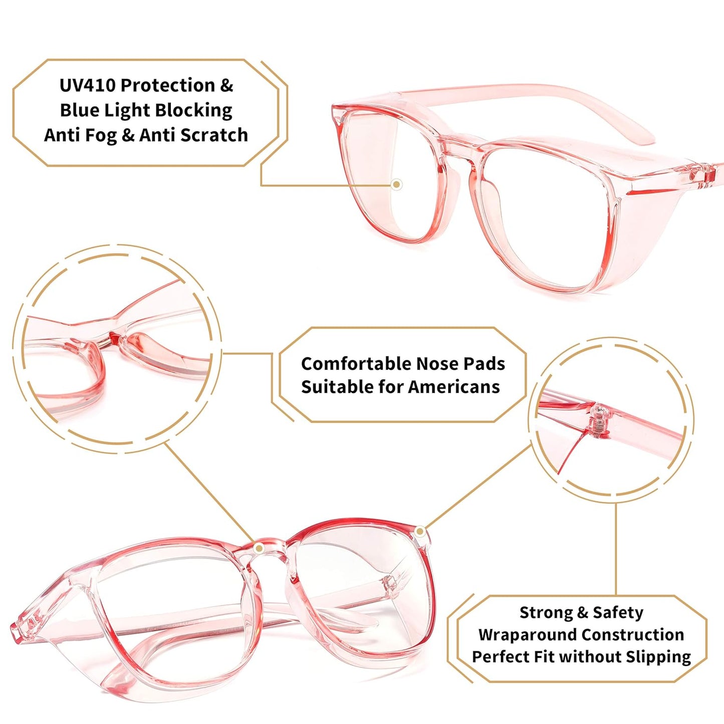 Alsenor Safety Glasses Anti Fog Goggles Protective Eyewear Blue Light Blocking Anti Dust UV Protection Glasses For Men Women (2 Pack (Pink + Clear))