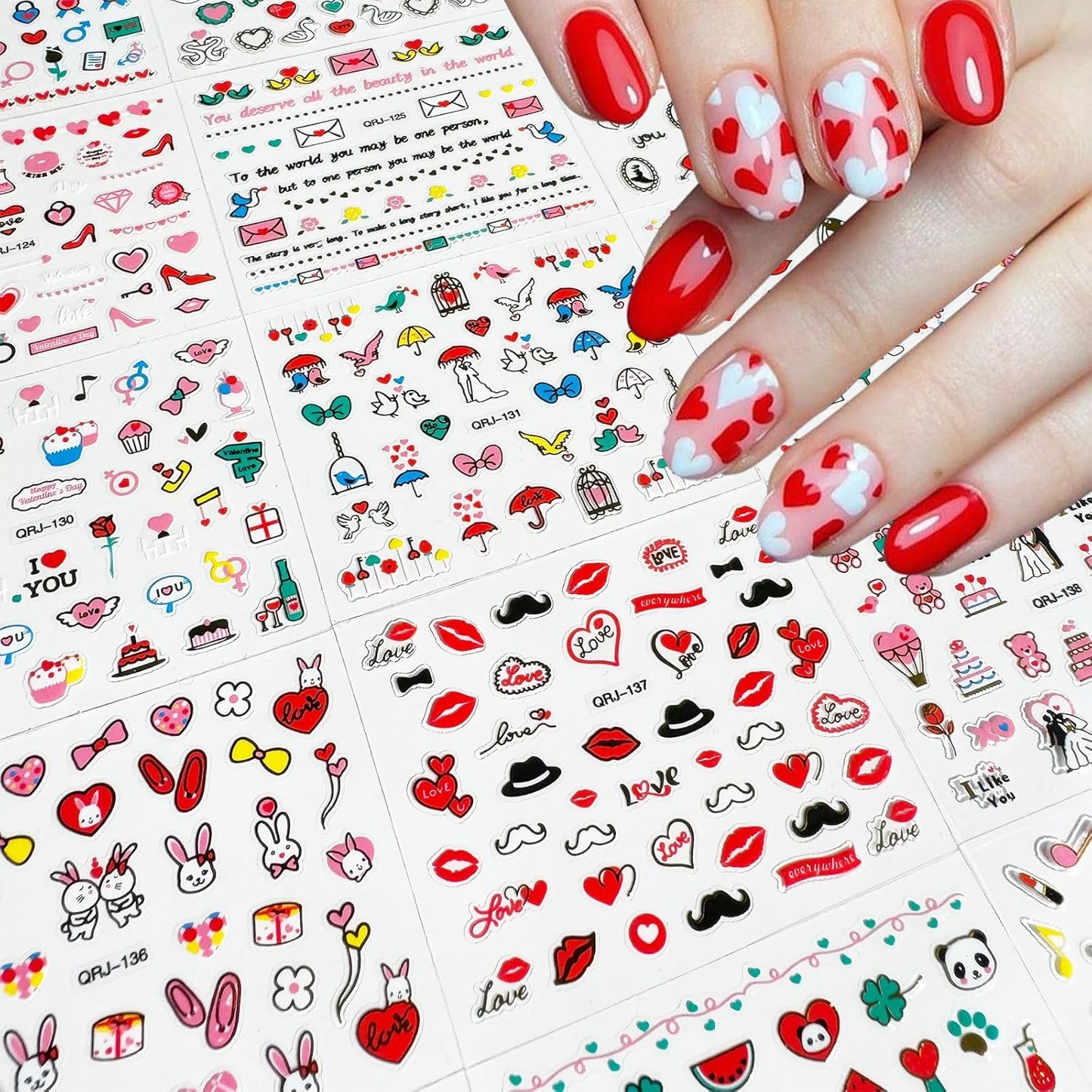 30 Sheets Valentine's Day Nail Art Stickers Red Heart Sticker Decals 3D Self-Adhesive Nail Supplies Lips Heart Letters Love Kiss Rose Flower Designs Sticker for Women Acrylic Nails Decorations