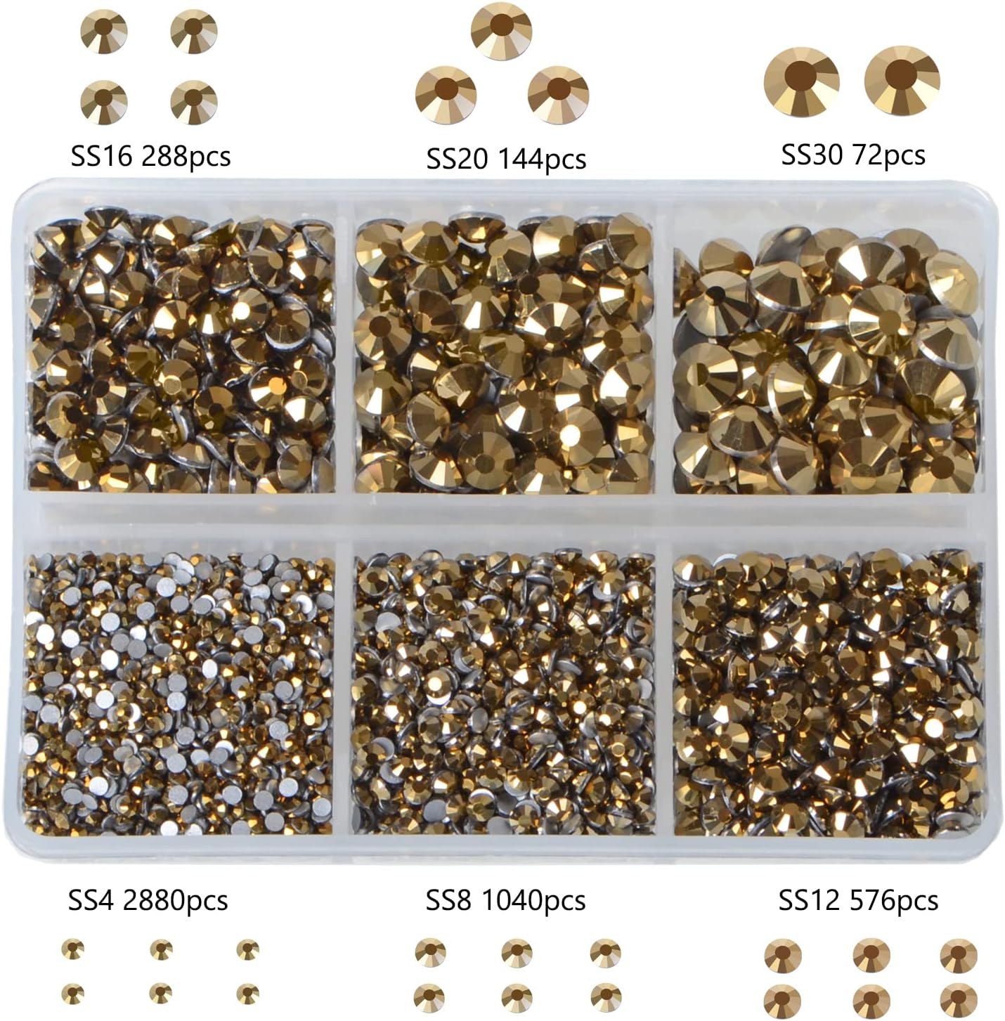 Bymitel 5000 Pieces 6 Mixed Sizes Glue Fix on Glass Rhinestones Round Crystal Gems Flatback for DIY Jewelry Making with one Picking Pen (6-Sizes 5000PCS, Aurum)