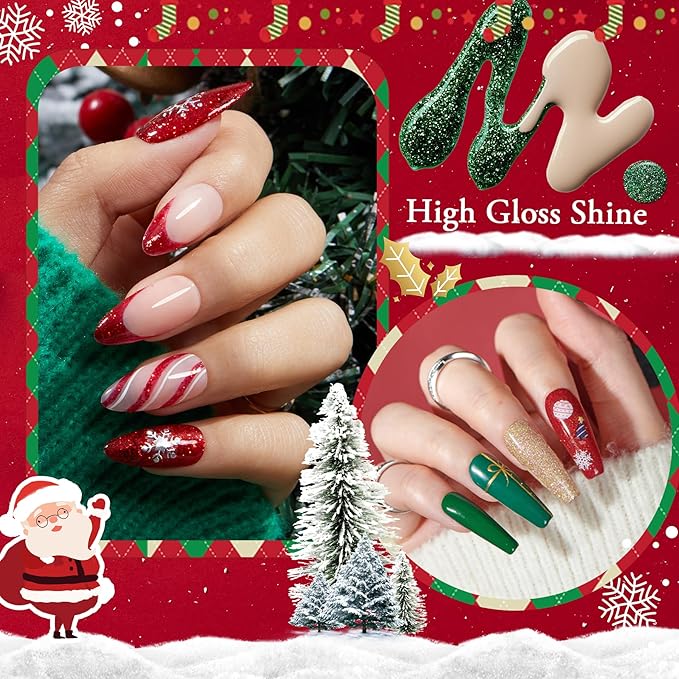 AZUREBEAUTY Christmas Nail Polish Set 6 Colors Glitter Red Green Quick Dry with Top Coat & Nail Polish Remover Long Lasting Sheer