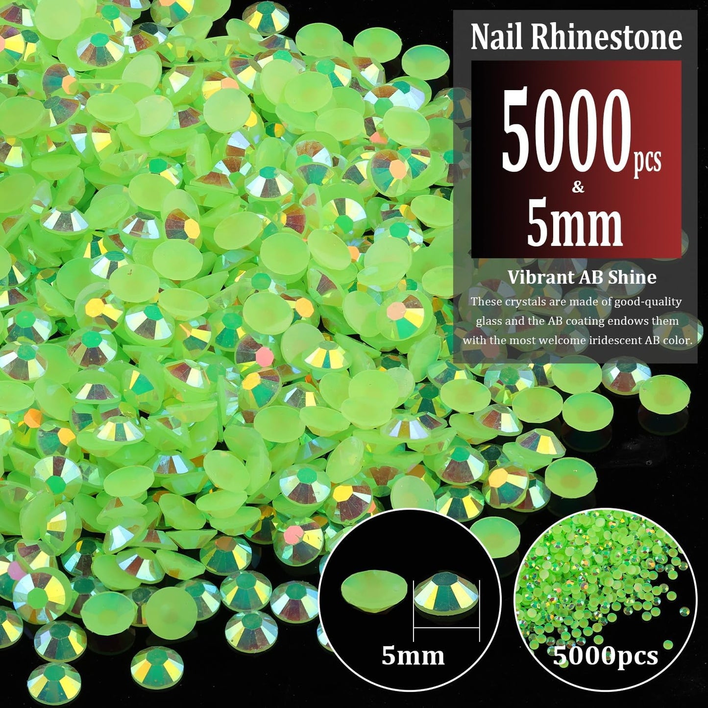 5000pcs 5mm Resin Rhinestones Bulk, Fluorescent Green AB Flatback Round Jelly Rhinestones Non Hotfix Crystal Gems Large Quantity Wholesale for DIY Crafts Clothes Face Makeup Manicure