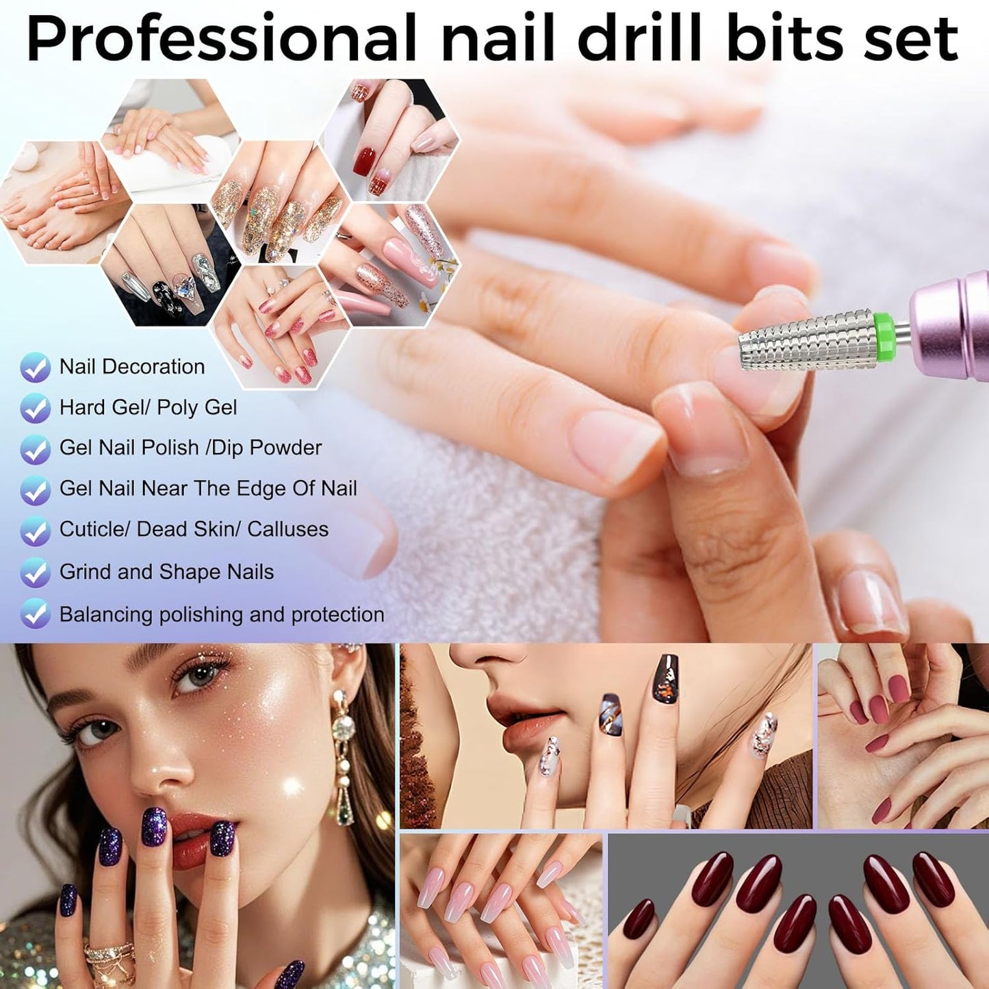 Fantexy 5 in 1 Nail Drill Bits,Professional 3/32" Shank Tungsten Steel Bits for Acrylic Nails,Manicure,Nail Art,Drill Machine,Both Left and Right Handed - Two Way Rotate Use (Coarse - C)
