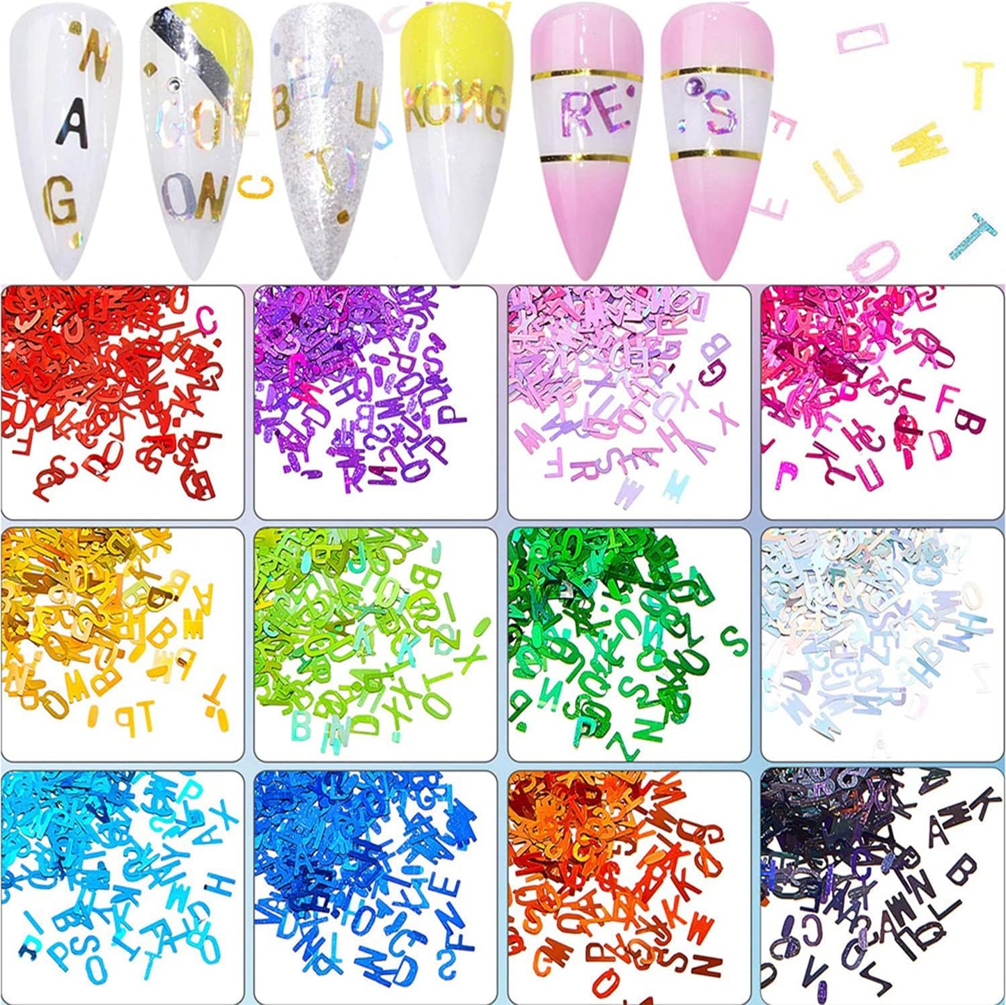 12 Colors Letters Nail Art Glitters Sequins Laser Gold 3D Flakes Alphabet Designs Accessories for Women Girls Manicure Tips Decorations Shine Stickers Decals