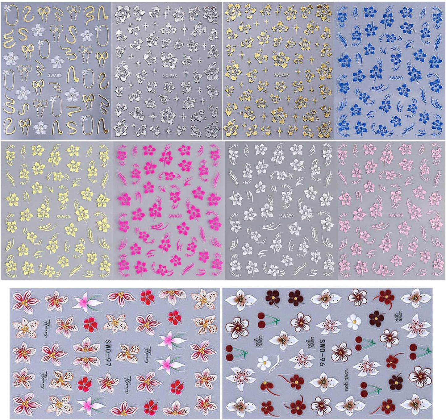 Flower Fall Stickers for Nails 10 PCS Brown Hibiscus Nail Art Decals 3/5D Self-Adhesive Pink Blue White Flowers Stickers Beach Autumn Nail Design DIY Charms Manicure Decoration Nail Supplies