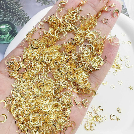 1000Pcs Mini Gold Star Moon Heart Nail Art Charms Hollow Diamond Shape Alloy Nail Charms 3D Metal Starfish Love Heart Nail Gems Nail Supplies Kawaii Nail Jewelry for Women DIY Nail Art Decor