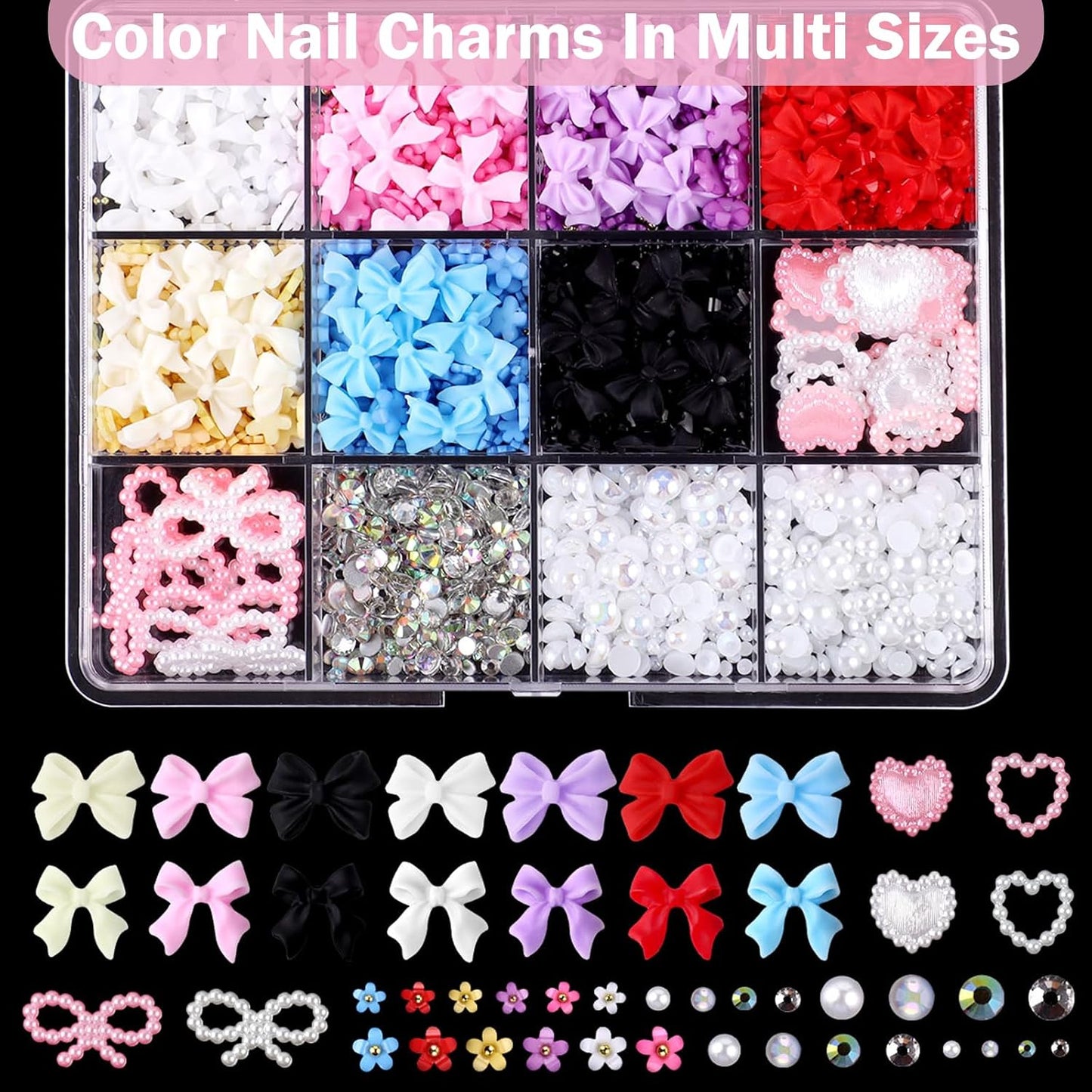 3D Nail Charms and Gems Kit, Color Candy Bow Star Heat Nail Art Charms,Flatback Gems+Gold Bow Nail Studs+Gravel Diamond,Mixed Nail Rhinestones Manicure Kit Nail Art DIY Decoration