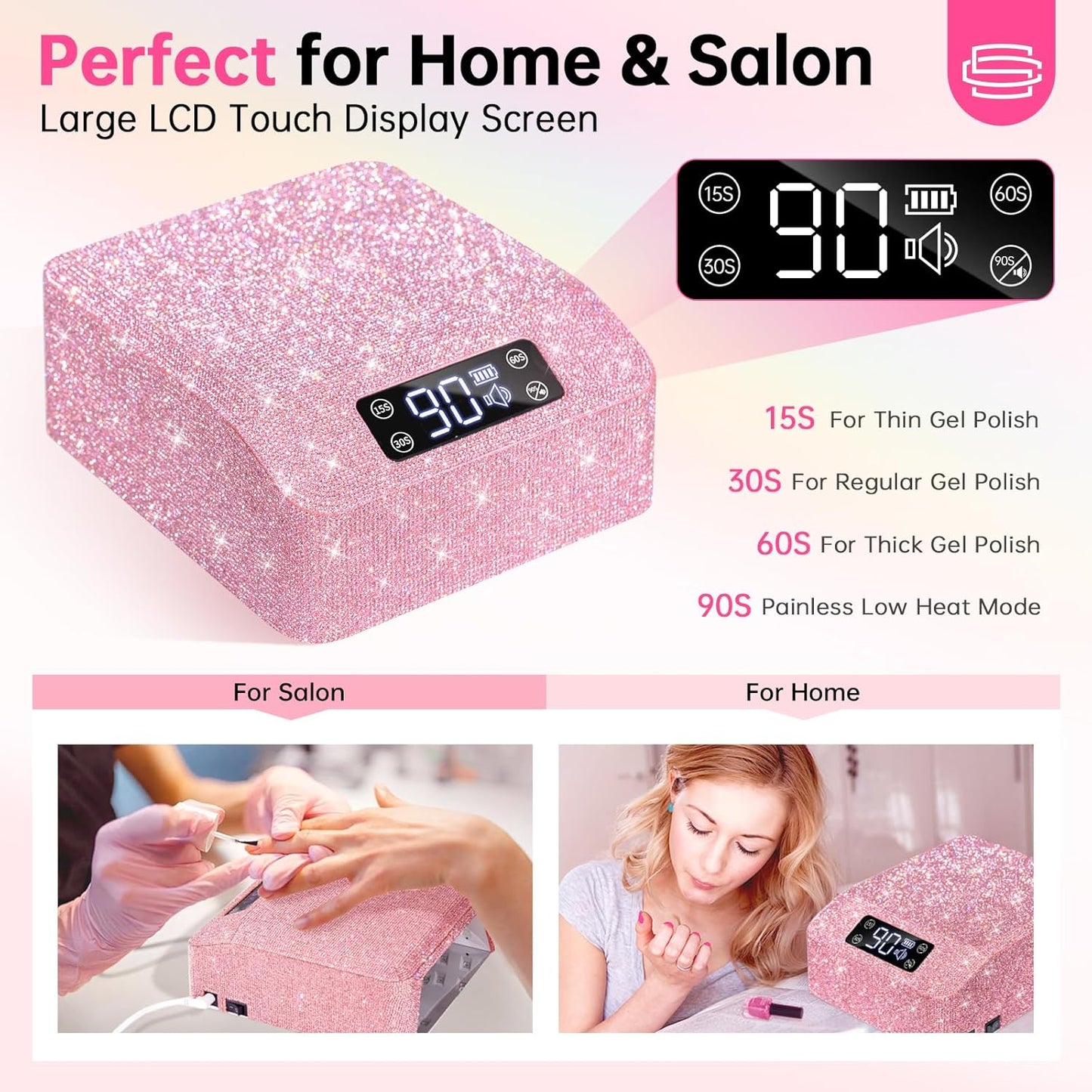 UV Light for Gel Nails, CHRISTINE SHELLY UV Nail Lamp, 96W Rechargeable Professional Diamond LED Nail Dryer with 4 Timer Setting, Touch Control&Auto Sensor, Fast Nail Light Curing Lamp for Salon&Home