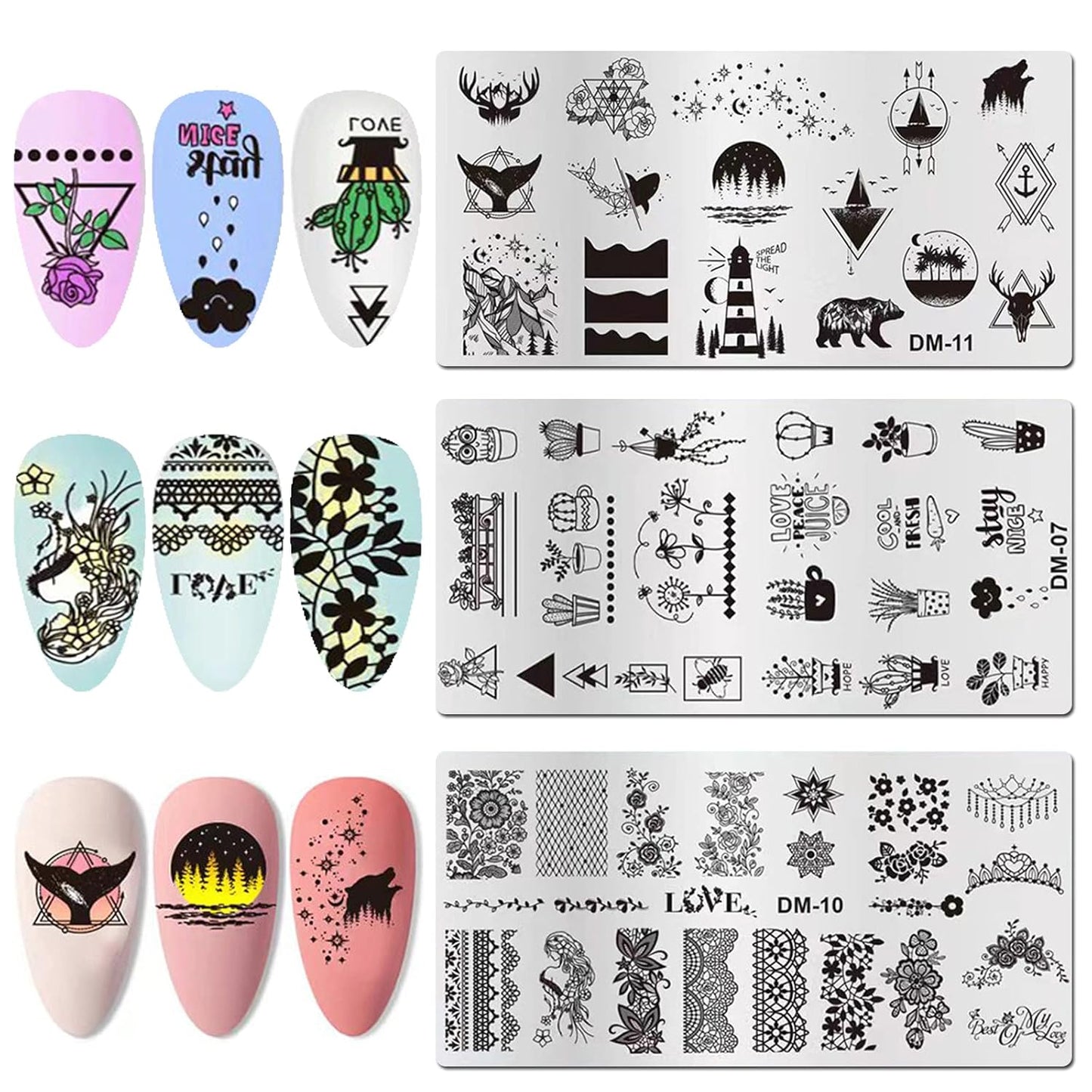 LoveOurHome Nail Stamping Plate Kit Flower Butterfly Lace Animal Fingernails Template Stencil Stamps Plate Silicone Stamper Scraper Manicure Design Tools Set (Flower)