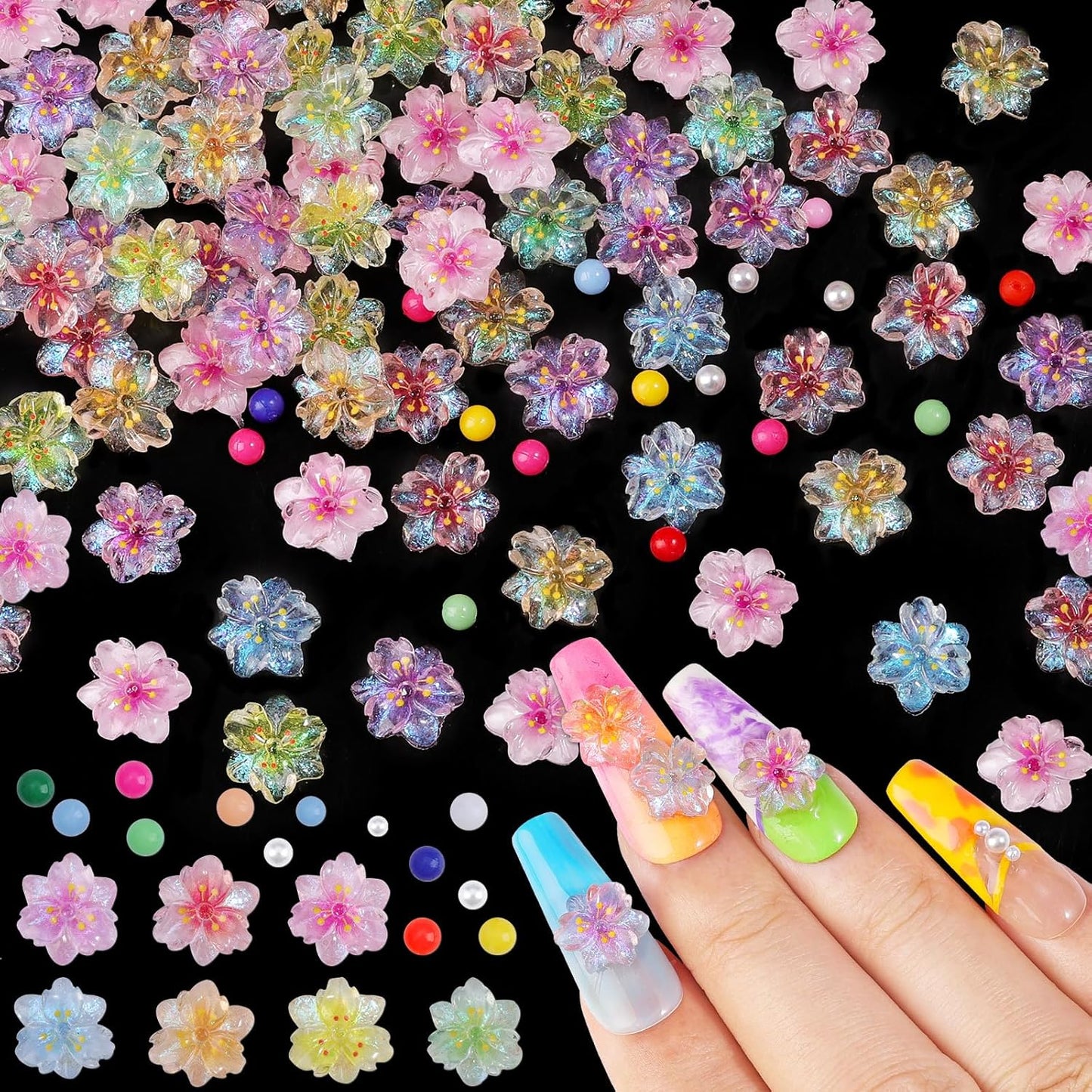 300Pcs Flower Nail Charms Kit, 100Pcs 3D Resin Cherry Nail Charms and 100Pcs Pearls with 100Pcs Macaron Beads, Colorful Hibiscus Floral Tiny Gems Round Beads for Women Manicure Craft DIY