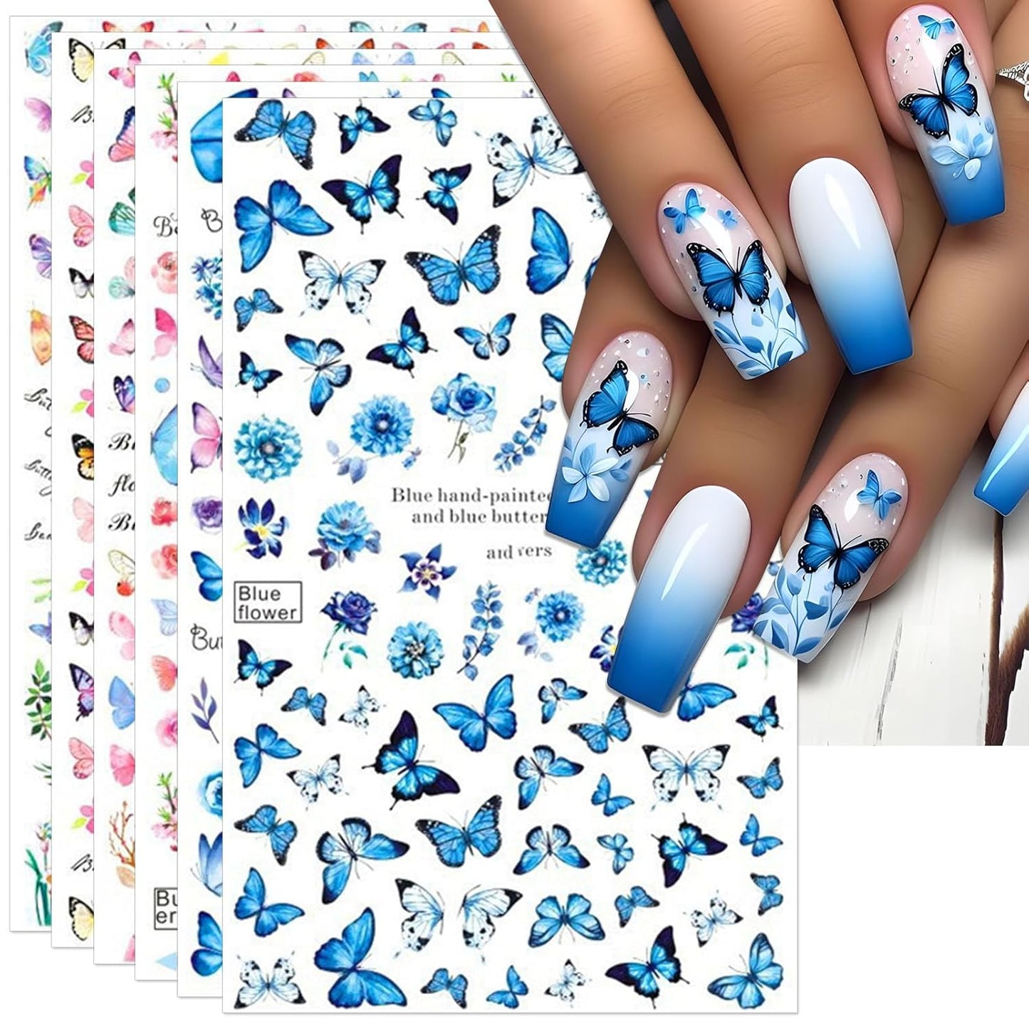 6 Sheets Butterflies Nail Art Stickers - Colorful Spring Flower Self-Adhesive Nail Decals for DIY Butterflies Wing Summer Floral Manicure