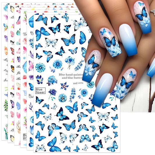 6 Sheets Butterflies Nail Art Stickers - Colorful Spring Flower Self-Adhesive Nail Decals for DIY Butterflies Wing Summer Floral Manicure