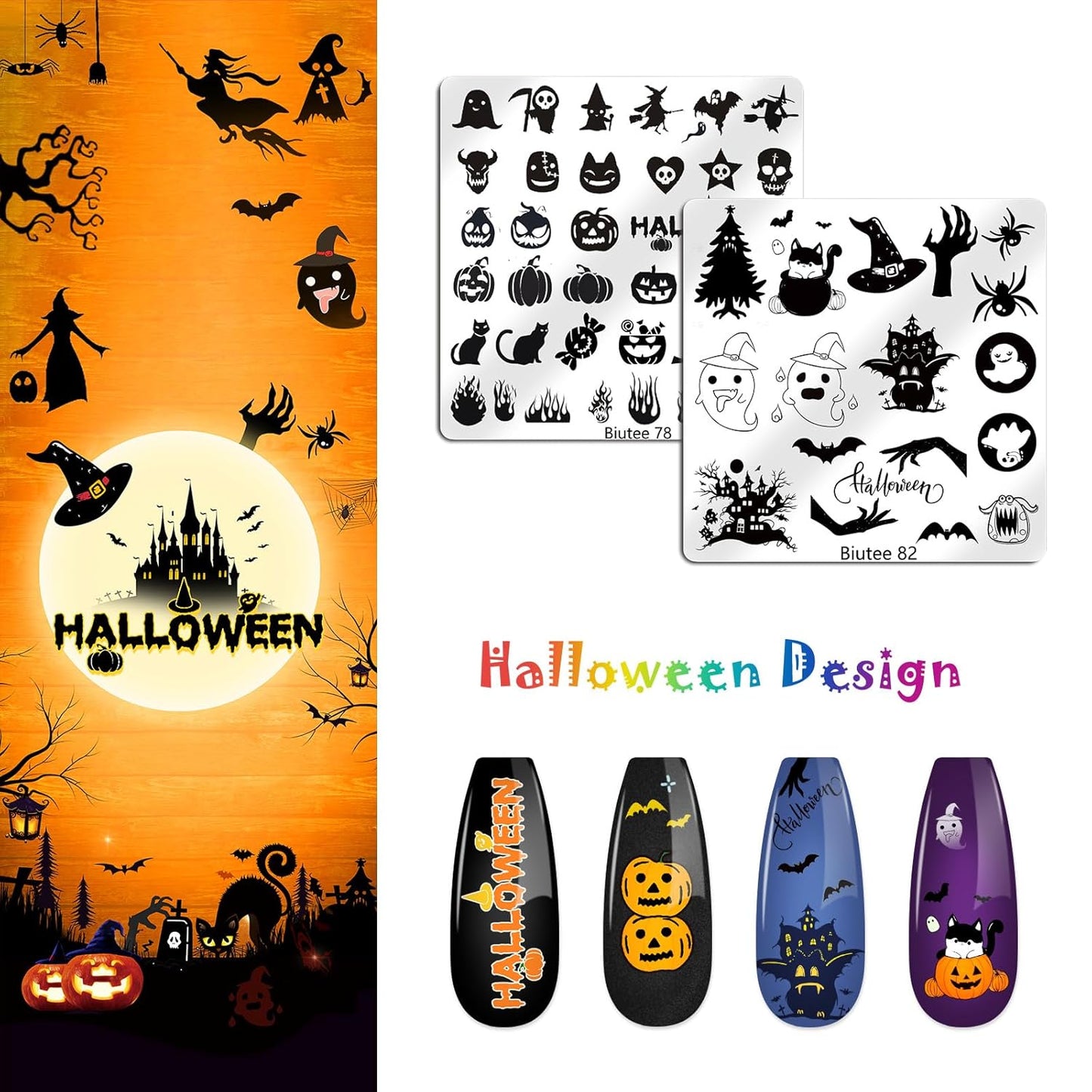 Biutee Nail Stamping Plates Set 16PCS Nail Stamper Kit with Nail Stamper, Scraper & Storage Bag Nail Art Stamping Plates Halloween Christmas Butterfly Star Flower Leaf Bowknot Design Nail Stamping Kit