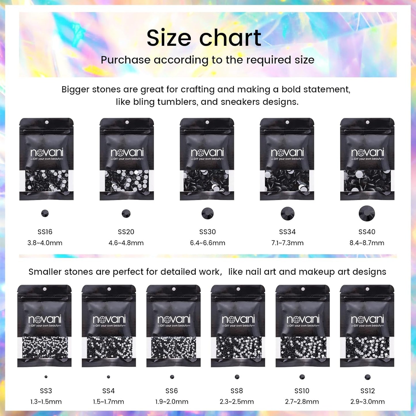 Novani Crystal Rhinestones, Flatback Loose Gemstones 288pcs Glass Rhinestones for Clothes Shoes Crafts Makeup Nail Art and DIY Decorations(SS34, Black)