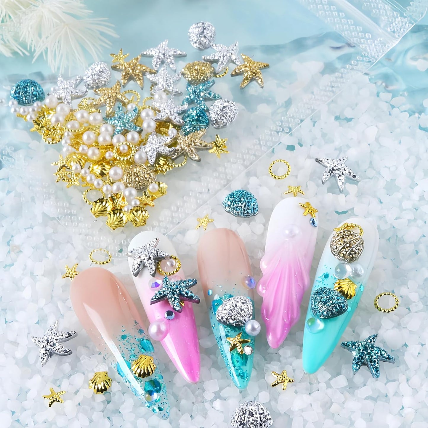 100Pcs Summer Starfish Nail Charms Pearls Seashell Starfish Gold Nail Rhinestones Ocean Theme Design Nail Gems 3D Nail Steel Studs Silver Blue Shell Nail Supplies Summer Beach DIY Crafts Nail Decor