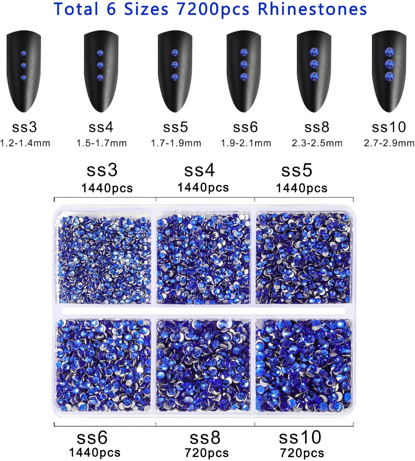 Beadsland 7200pcs Flatback Rhinestones,Royal Blue Rhinestone Nail Gems Round Crystal Rhinestones for Crafts,Mixed 6 Sizes with Wax Pencil Kit, SS3-SS10,Sapphire