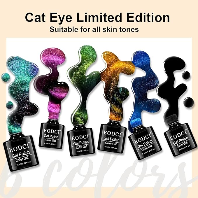 9D Cat Eye Gel Nail Polish, 7.5ml*6 with Magnets Stick, Galaxy Chameleon Effect Silky Cat Eye Nail Gel Soak Off Nail Art Salon Manicure Home Ladies Gift