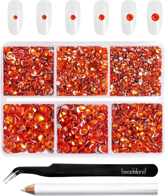 Beadsland 4300pcs Flatback Rhinestones,Orange Rhinestone Nail Gems Round Crystal Rhinestones for Crafts,Mixed 6 Sizes with Picking Tweezers and Wax Pencil Kit, SS6-SS20,Hyacinth/Orange