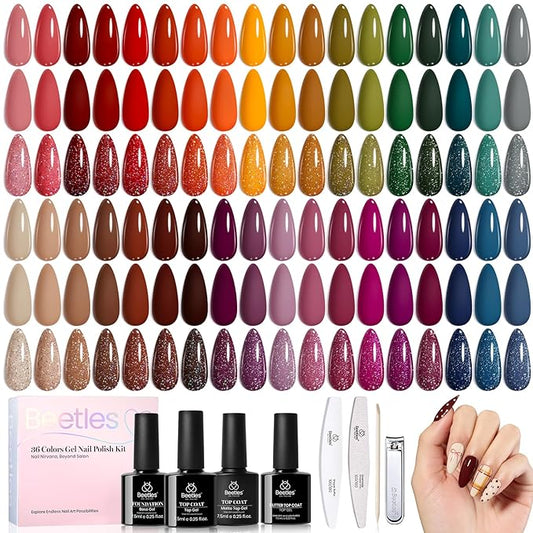 beetles Winter Gel Polish Set - Waltz of Leaves Collection, Brown Orange Red Purple Blue Colors Gel Polish Set With 4pcs Base and Glossy Matte Glitter Top Coat Soak Off UV Led Nails Gift for Women