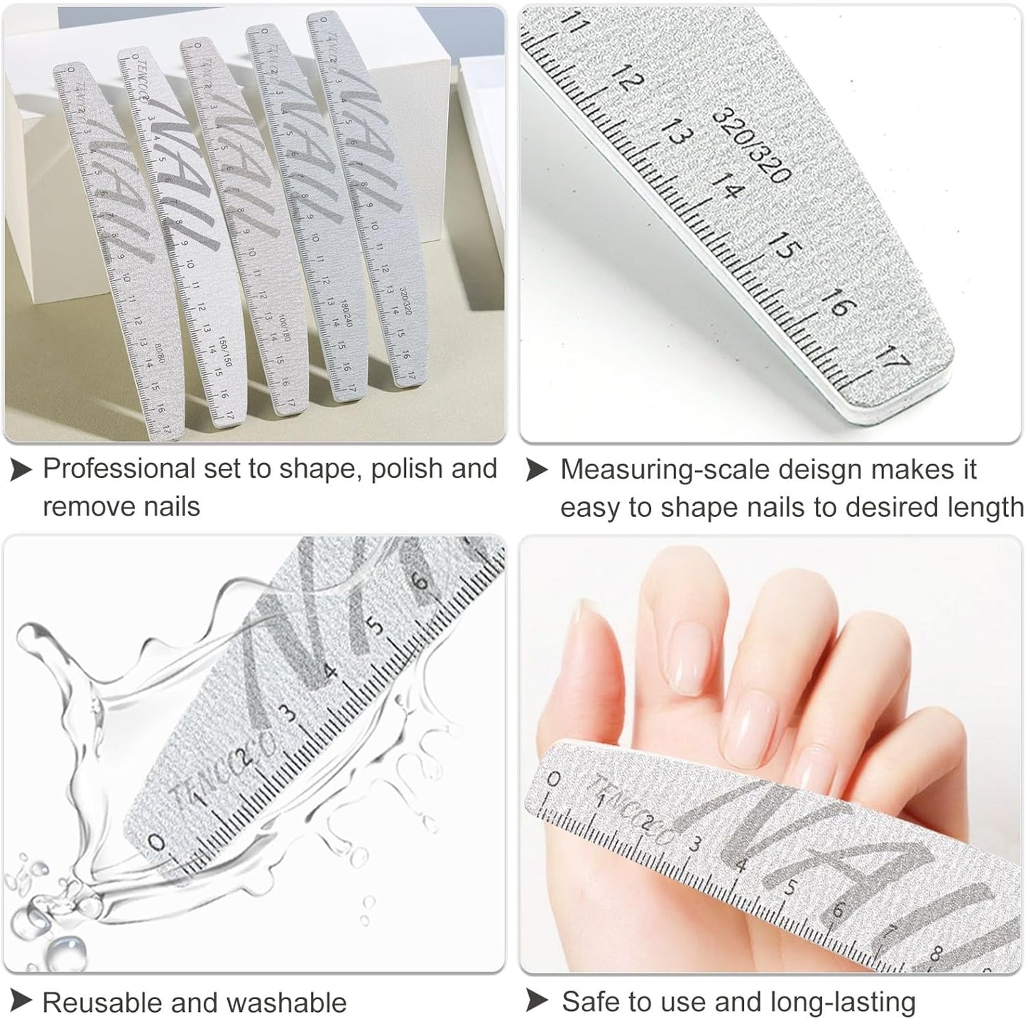 5Pcs 80/100/150/180/240/320 Grit Nail Files and Buffers with Measuring Scale Double Sided Emery Boards Washable Reusable Fingernail Coarse Files Professional Manicure Tools