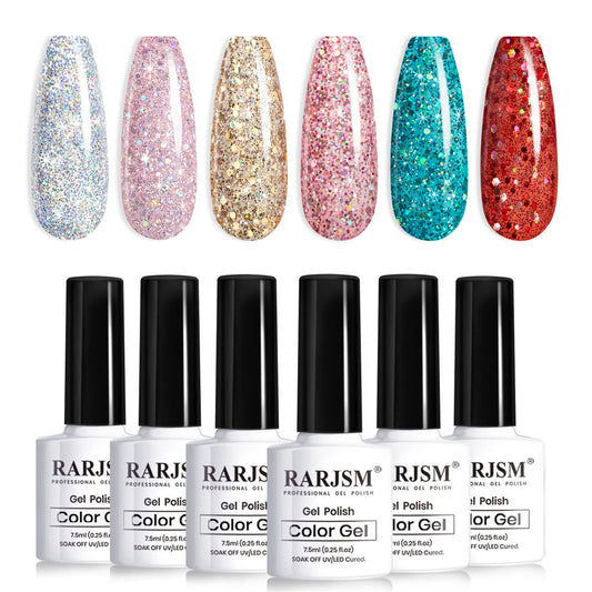 RARJSM Glitter Gel Nail Polish Set of 6 Colors Diamond Silver Sparkly Holographic Champagne Gold Iridescent Red Chunky Pigments Gel Polish Soak off Led UV Curing Required for Nail Salon Manicure