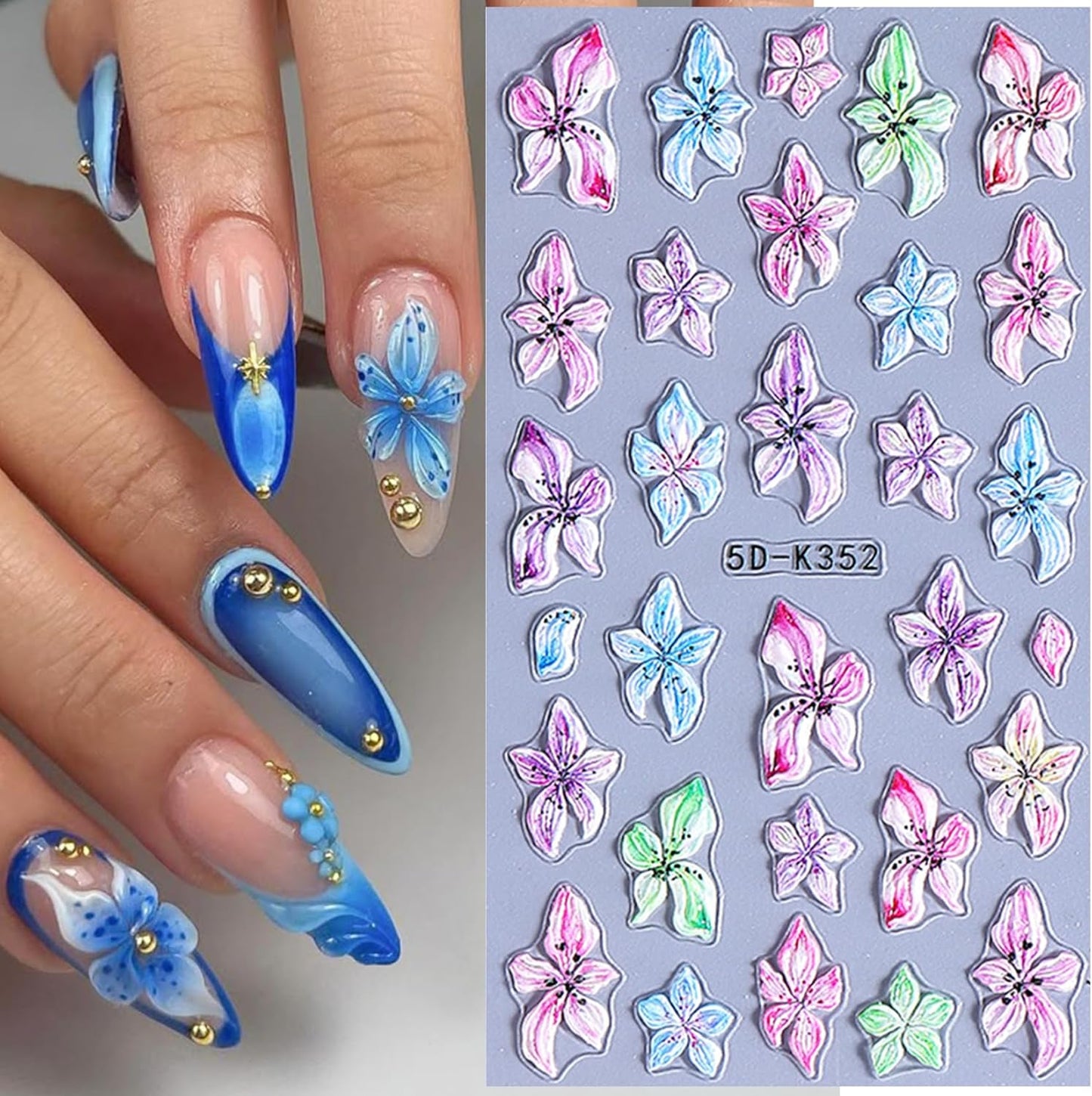 Flower Stickers for Nails Art 6 PCS 5D Hibiscus Nail Decals with 3pcs Tweezers Manicure Tools Colorful Lily Flowers Designs Self-Adhesive Hawaiian Floral Engraved Nail Art Decoration for Women Girls