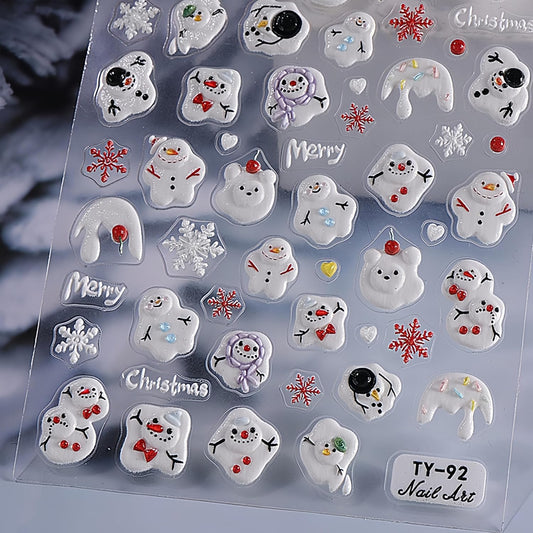 Christmas Nail Art Stickers 5D Embossed Nail Decals Xmas Snowman Winter Red and White Snowflake Design Nail Stickers Decoration for Women Girls 1 Sheet