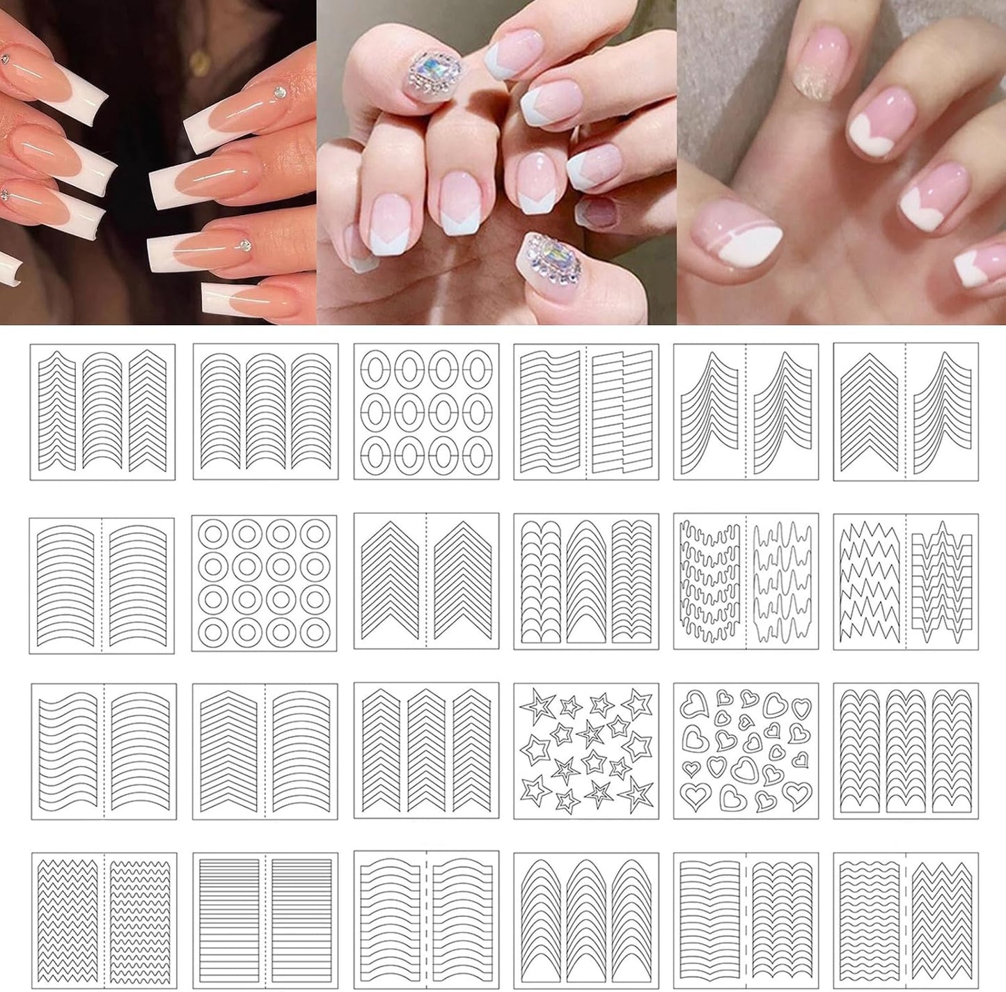 24 Sheets 712 Pieces French Manicure Nail Art Stickers, 32 Designs Self-Adhesive Nail Tips Guides for DIY Decoration Stencil Tools French tip Guides kit (24 Sheets 32 Designs) US291 (24)