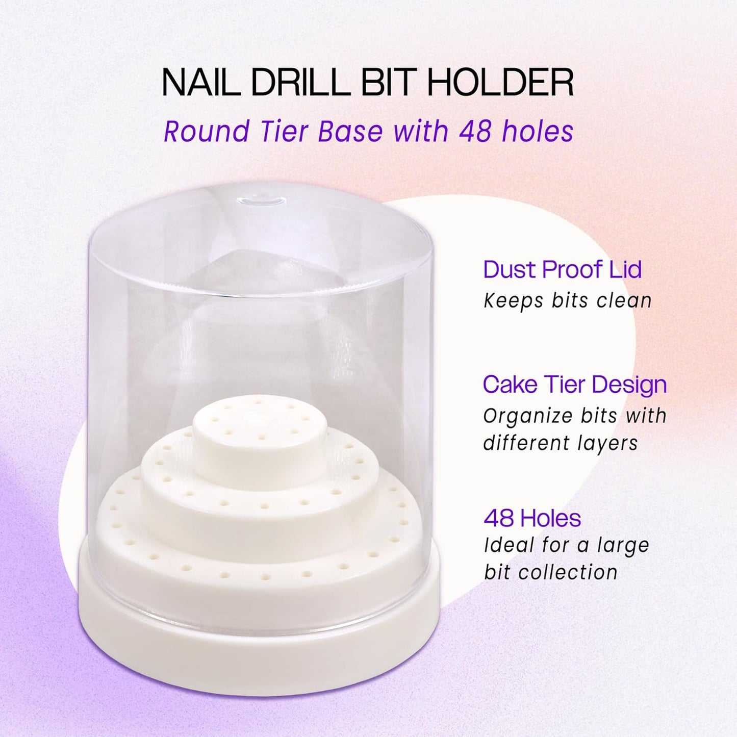PANA Round Cake Tier Nail Drill Bit Holder Display Organizer Case - Dustproof Carbide Bit Storage Container Box For Manicure Tools Nail Salon - 48 Holes White (Drill Bits Not Included)