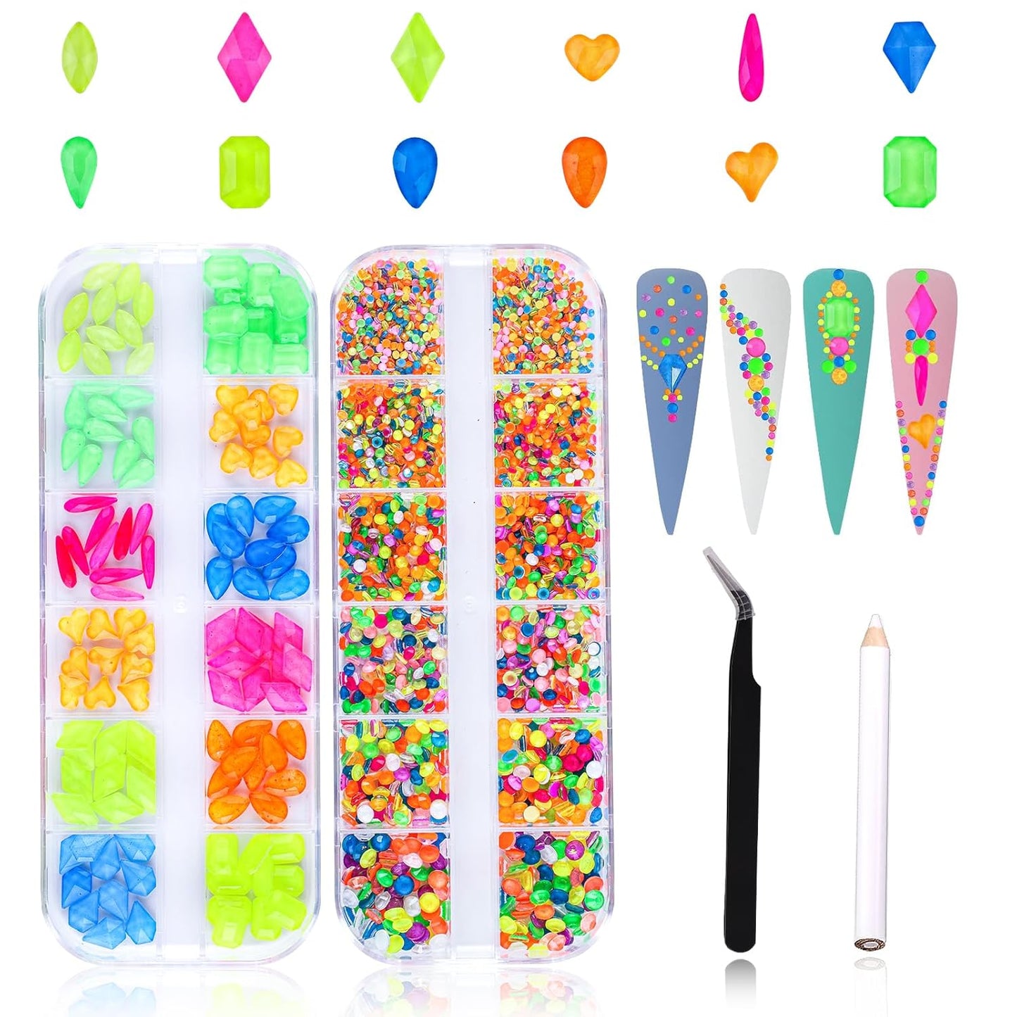 3120Pcs Diamond Nails Rhinestones for Nail Art, HOINCO Colorful Fluorescence Rhinestones for Nails, Multi Shapes Clear AB Flat Back Gemstones for Women Nail Art DIY Craft Jewelry with Tweezers and Pen
