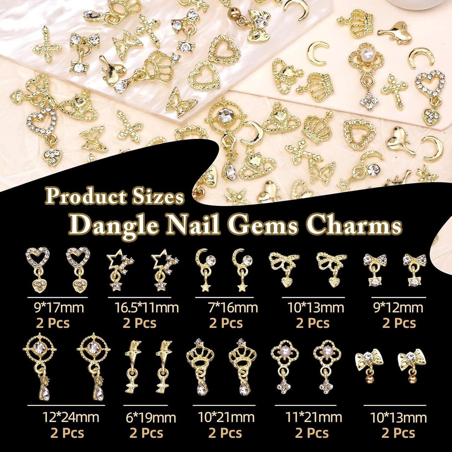100 Pcs Gold Nail Charms and Gems, Gold Dangle Star Bows Nail Gems Charms, Metal Crown Heart Butterfly Charms for Acrylic Nail Art Alloy Cross Nail Charms for Women DIY Accessories