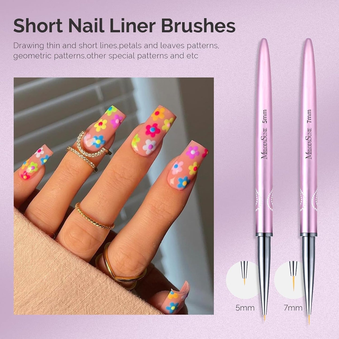MelodySusie Nail Art Liner Brushes 5Pcs Professional Gel Polish Painting Art Design Pen Set for Thin Long Lines, Tiny Details, Fine Drawing, Delicate Coloring,Sizes 5/7/9/11/20mm