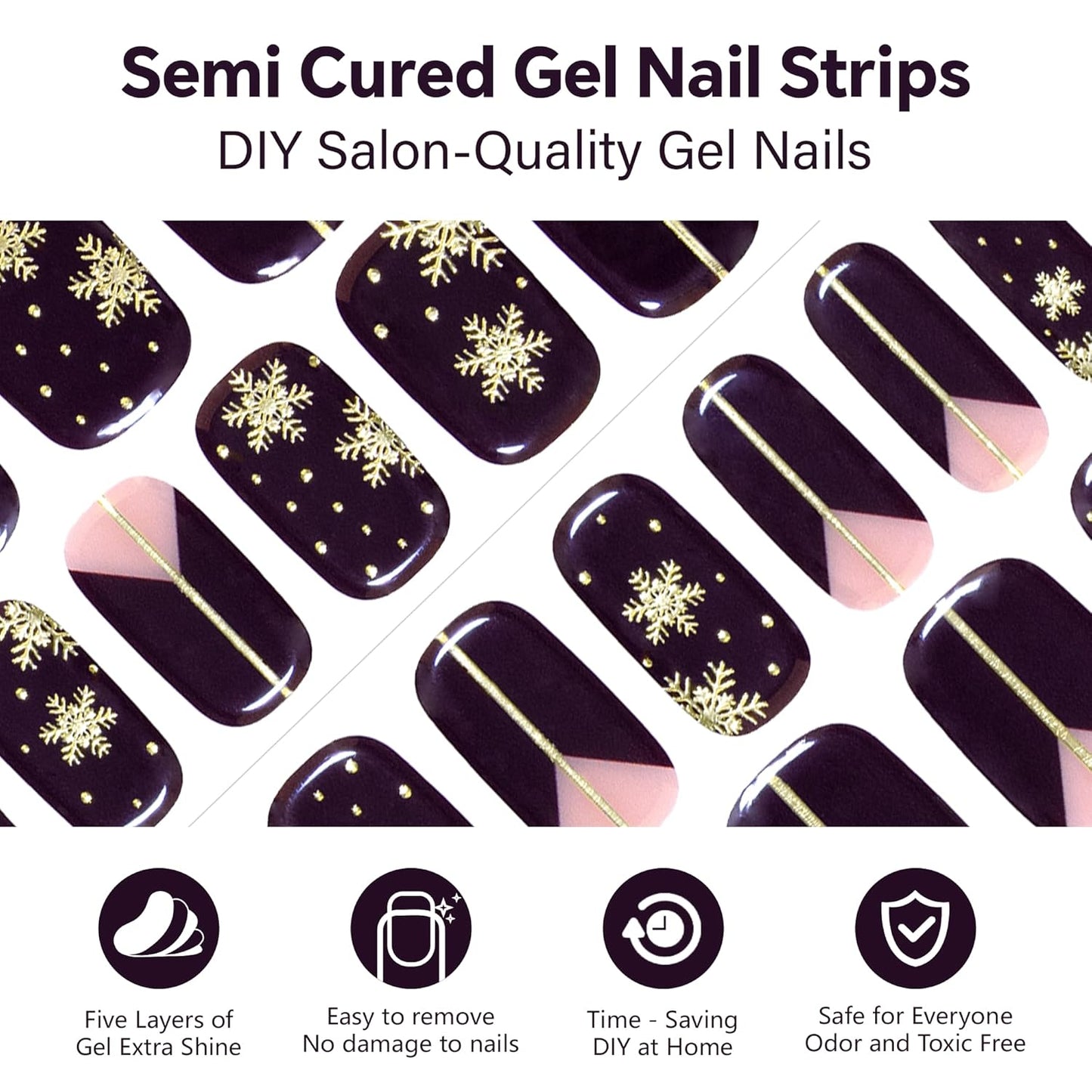 Semi Cured Gel Nail Strips-Holiday Gel Nail Art Stickers Kit Christmas Themed Press On Manicure (Plum Gold Snowflake)