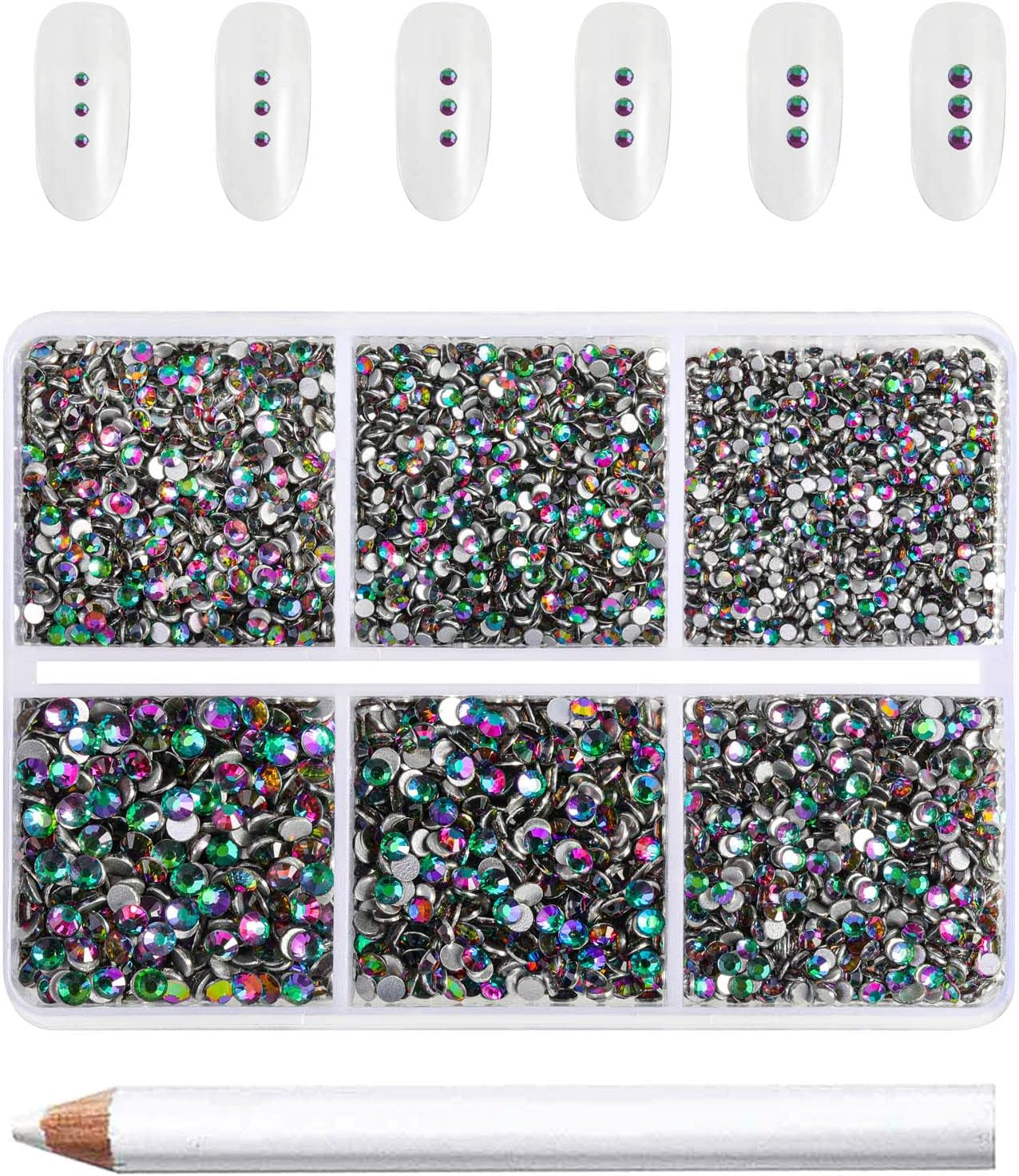 Beadsland 7200pcs Flatback Rhinestones,Green Rhinestone Nail Gems Round Crystal Rhinestones for Crafts,Mixed 6 Sizes with Wax Pencil Kit, SS3-SS10,Green Volcano