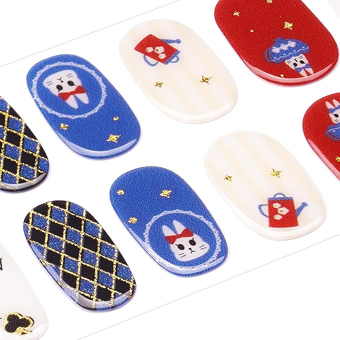 DANNI & TONI Kids Gel Nail Strips Bunny Poker Red Blue Salon-Quality Peel & Stick Manicure for Children (Age 6+)– Safe, Long-Lasting, Easy to Apply |Royal Sip