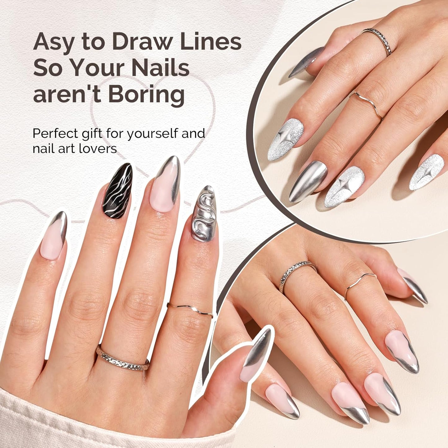 MelodySusie 8ML Silver Gel Liner Nail Art Polish Mirror Chrome 3D Effect,for Line and Patterns of Painting,French Nail Tips,DIY Manicure Pedicure for Home DIY Salon Use
