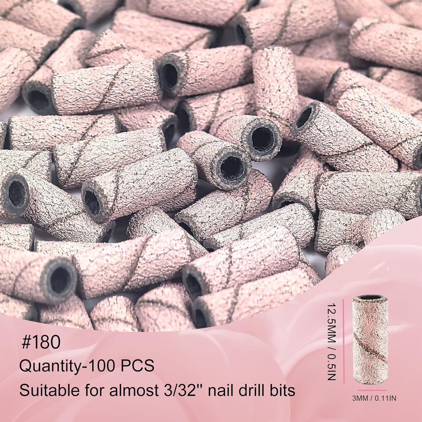 Sanding Bands for Nail Drill Nail Drill Bits Set, Corfulra Upgraded Small Sanding Bands with Mandrel Bit, 100 pcs 180 Fine Grits for Natural Nail, Nail Accessories of Nail Tech Must Haves, Pink