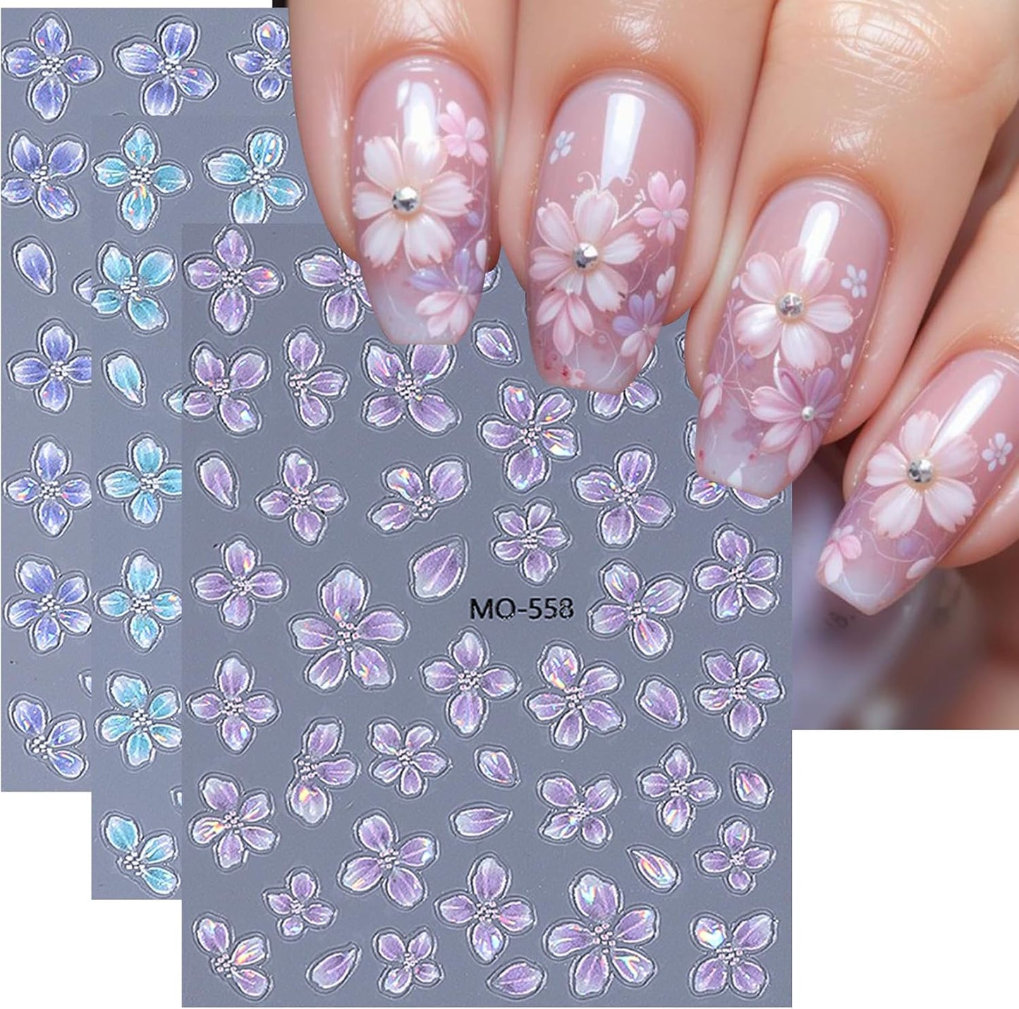 Acrylic Flowers for Nail Stickers - 12PCS 5D Embossed Petal Floral Nail Art Decals Aurora Shell Shinny Lily Hibiscus Sticker Tropical Summer Designs DIY Nail Art Supplies for Women Girls